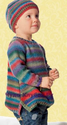 Детский пуловер и шапочка в полоску 6