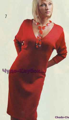 фото Красное платье с V-образным вырезом вязаное крючком 732