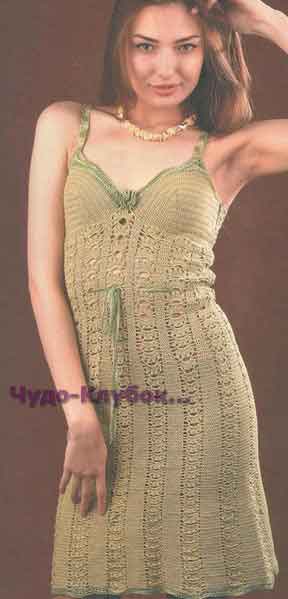 фото Зеленое платье с каймой вязаное крючком 734