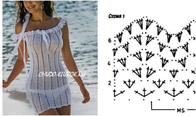 Пляжный комплект: платье и купальник – бикини. Схемы вязания, описание.