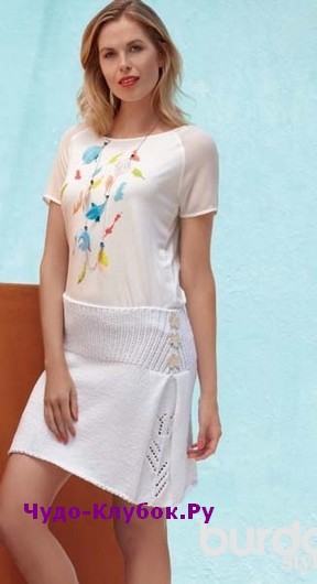 схема Белая юбка с ажурным рисунком в складке вязаная спицами 181
