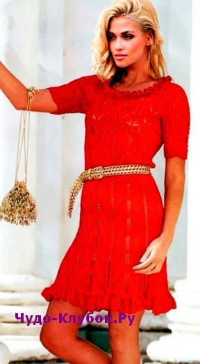 схема Красное платье с рюшами на юбке вязаное спицами 886