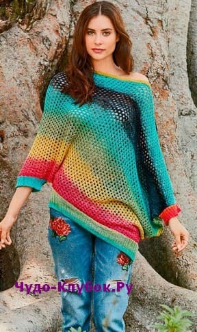 схема Разноцветный пуловер асимметричного кроя вязаный спицами 1920