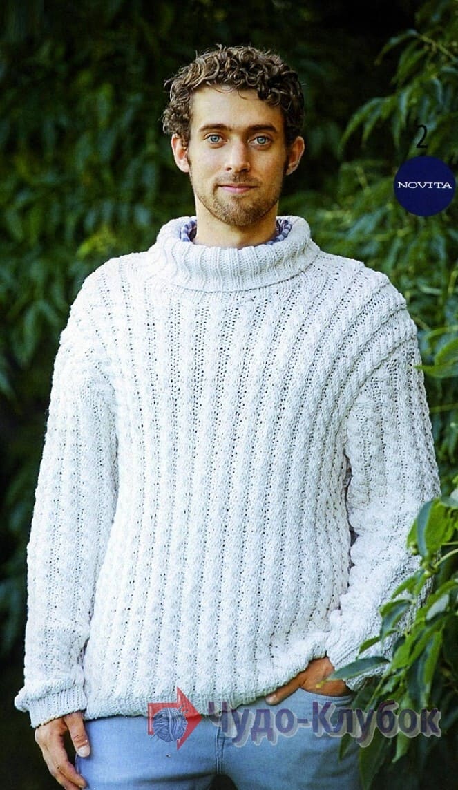 19 белый мужской свитер поперечный полосами вязаный спицами (1)