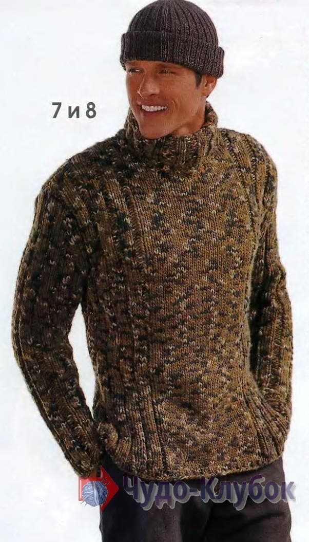 32 меланжевый мужской свитер и шапка спицами (1)
