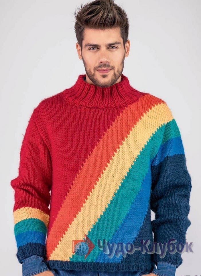 39 мужской свитер цвета радуги вязаный спицами (1)