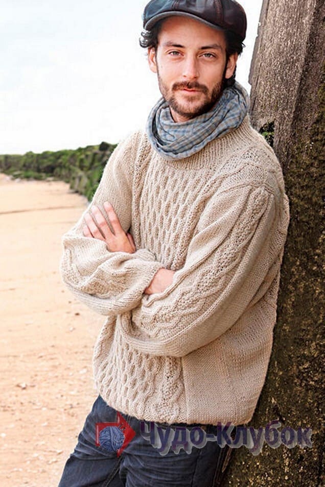 4 бежевый свитер с косами вязаный спицами для мужчины (1)